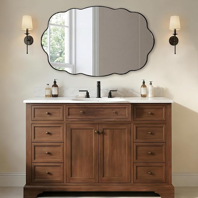 ANDY STAR Matte Black Wavy Scalloped Wall Mirror -30x48 Inch Large Wavy Oval Bathroom Mirror, Living Room & Entryway, Anti Rust Stainless Steel MetalWall Mount Horizontal or Vertical