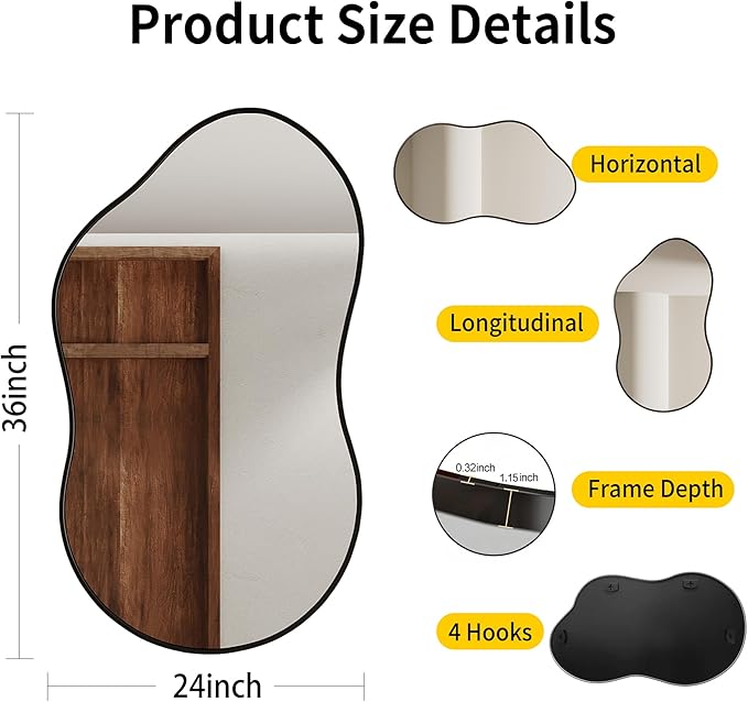 Irregular Wall Mirror - 24''×36'' Asymmetrical Decorative Tempered Glass Aluminum Alloy Framed Mirrors Cloud Mirror Wavy Mirrors for Bathroom, Bedroom, Living Room, Entryway（Black）