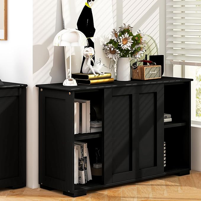Buffet Cabinet Sideboard, Wood Storage Credenza Cupboard with Adjustable Shelf & 2 Sliding Doors, Stackable Coffee Bar Cabinet Console Table for Dining Room, Living Room, Kitchen (1, Black)