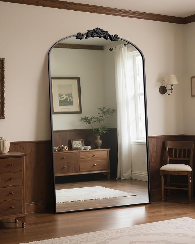 Antok Arched Full Length Mirror, 81"x41" Floor Mirror with Carved, Full Body Mirrors for HomeDecor, Standing/Halling Large Wall Mirror for Bedroom, Living Room, Cloakroom, Black, Retro Style