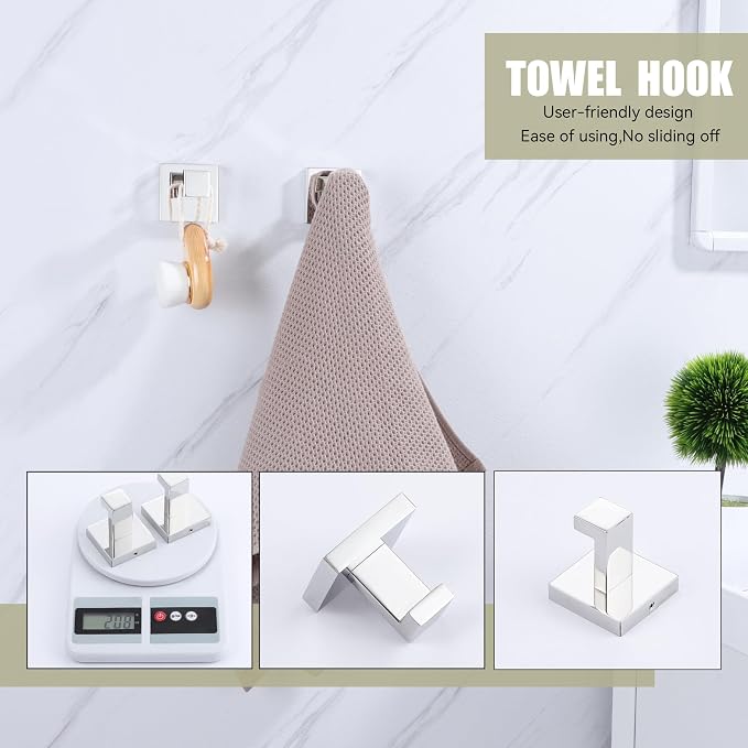 LANC Chrome Towel Hooks for Bathroom Wall Hooks, Heavy Duty Hand Towel Hanger SUS304 Stainless Steel for Bathroom Accessories Square Coat Robe Hook, Wall Mounted Silver Polished,A8805CP