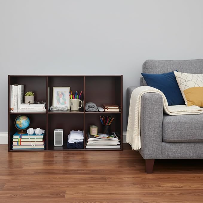 6-Cube Pine Wood Storage Organizer, Solid Wooden Bookshelf with Back Panel, 11in Shelf Opening Bookcase, Freestanding for Living Room, Bedroom, Office - Dark Brown (35.4 x 11.8 x 23.6in)