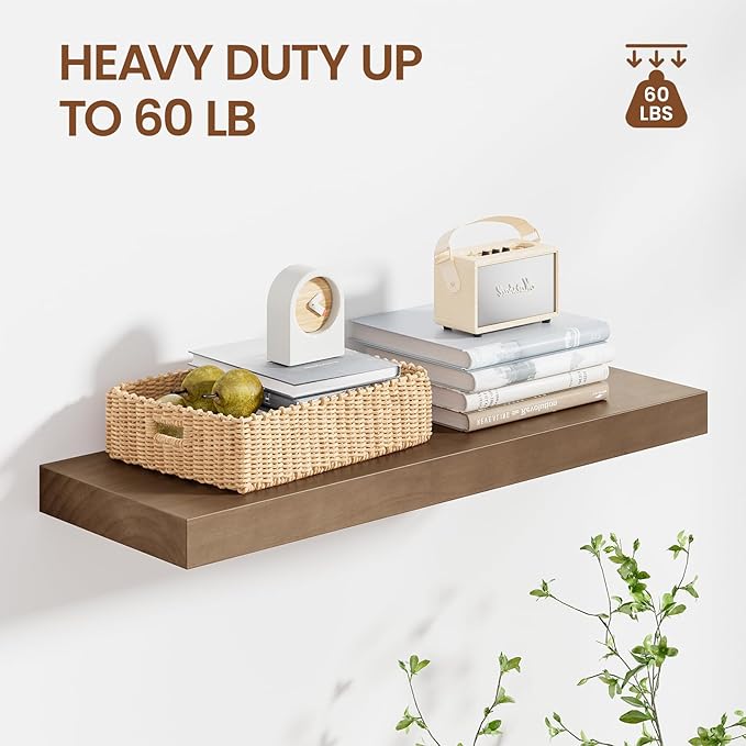 Heimlove 24 Inch Floating Shelves for Wall Walnut Shelves Set of 2,Wall Mounted Rustic Wood 8 Inch Deep Floating Shelf with Invisible Brackets for Bedroom Kitchen Living Room