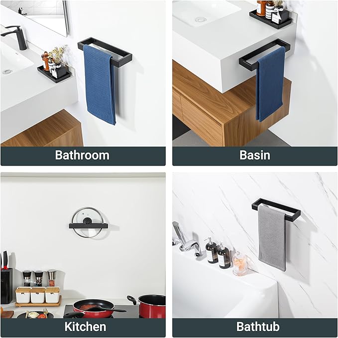 Sayayo Matte Black Towel Bar for Bathroom Wall, 10 Inch Hand Towel Holder, Screw or Self Adhesive Towel Ring Square SUS304 Stainless Steel, 3.2 Inch Wider Design