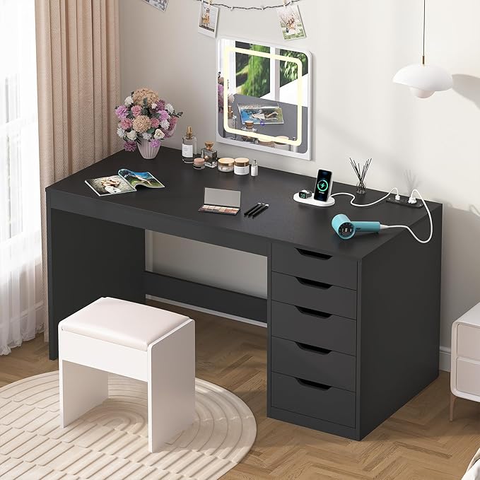 YOMILUVE 47 Inch Computer Desk with 5 Drawers and Power Outlets, Home Office Desks with Storage File Cabinet, Modern Simple Laptop Desk Writing Table for Small Spaces, Black