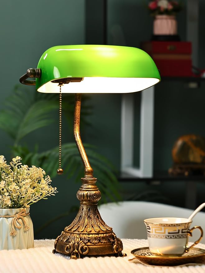 Vintage Green Glass Bankers Desk Lamp for Home Office,Library with Pull Chain Switch Plug in Fixture, LED Bulb Included