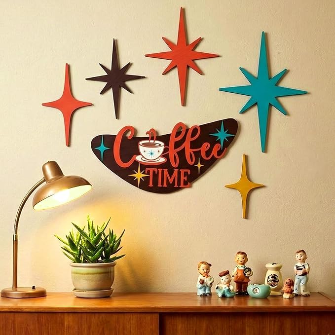 Amyhill 6 Pcs Mid Century Modern Decor Coffee Time Mcm Decor Retro Atomic Star Wall Art Sculpture, Wooden Colorful Star Wall Art Elegance Accents for Home Bar Office Room Hanging Decorations