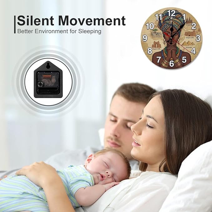 African Woman Art Wooden Wall Clock Silent Non-Ticking Battery Operated for Global Inspired Home Decor Kitchen Office Bedroom 10 12 Inch Round Frameless