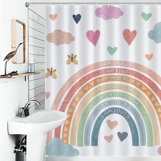Pastel Rainbow Shower Curtain for Bathroom, Kids Girls Baby Boho Cute Inspirational Motivational Quotes Rainbow Colorful Waterproof Fabric Shower Curtain Set with Hooks, 72"x78" Inch