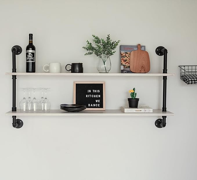 HDDFER Floating Shelves for Wall Bookshelf Industrial Pipe Shelving Shelves Natural Wood Planks 48 inch Rustic Wall Shelves Hanging Bookshelves Farmhouse Kitchen Shelving