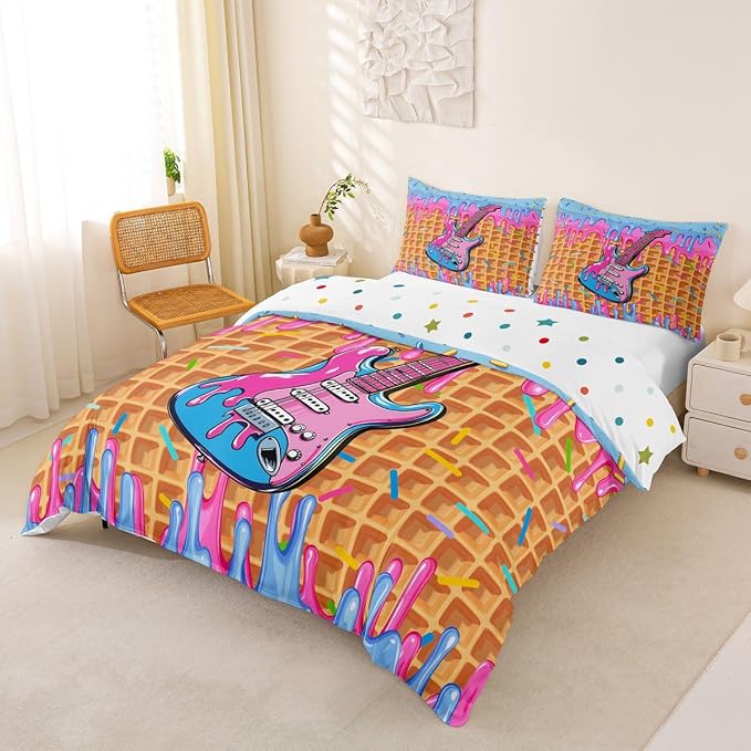 Erosebridal Guitar Music Comforter Cover Full for Girls - Blue Pink Ice Cream Drip Dessert Bedding Set Sweet Candy Duvet Cover,Summer Dessert Party Bed Set