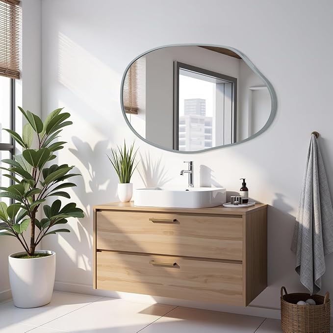 Large Irregular Wall Mirror Asymmetrical Mirror, 26"x37.5" Metal Framed Mirrors for Bathroom, Decorative Modern Wall Decor, Living Room, Entryway, Bedroom Gray