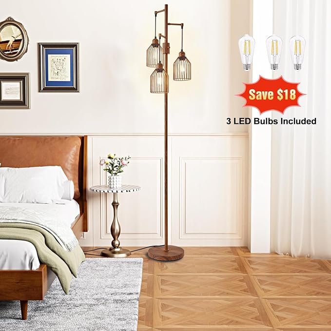 Dimmable Industrial Floor Lamp with 3 Cage Heads, Wood Grain Tree Standing Lamp with Stepless Dimming, Modern Farmhouse Tall Pole Light for Living Room, Bedroom, Office, E26 Base (Bulbs Included)