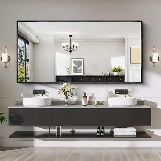 CIRCUMI Black Bathroom Mirror, 72"x36" Rectangular Mirror with Deep Metal Frame, Brushed Finish, Tempered Glass, Large Mirror for Wall, Over 2 Sinks, Installed Vertically/Horizontally, Crystal-Clear