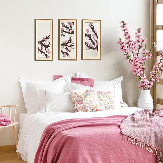 IARTTOP Cherry Blossom Wall Art Framed Set of 3 Pink Flower Wood Wall Decor Japanese Sakura Tree Artwork Neutral Botanical Art Prints Floral Minimalist Decor for Farmhouse Living Room Bedroom 8 x16 Inch