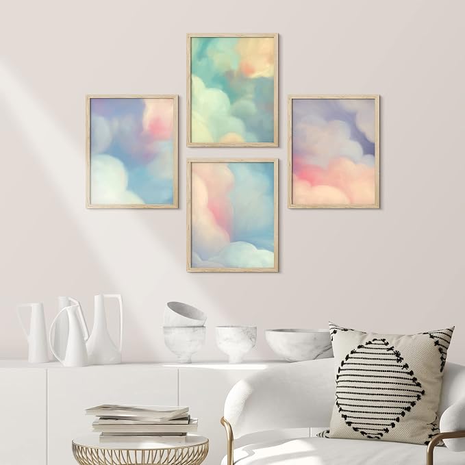 SIGNWIN Framed White Pastel Watercolor Rainbow Sky Clouds Wall Art, Set of 4 Abstract Geometric Wall Decor Prints, Nature Wilderness Wall Décor for Living Room, Bedroom - 11"x14" Natural