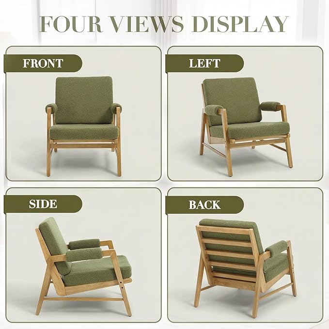 CIMOTA Mid Century Modern Accent Chair, Boucle Upholstered Living Room Chairs with Arms, Comfy Reading Chair with Solid Wood Frame, High Back for Bedroom, Waiting Room, Office, Green