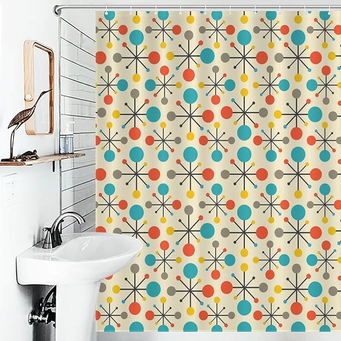 Mid Century Modern Shower Curtain,Atomic Retro Colourful Geometric Polka Dots Stripe Vintage 1950s Bathroom Curtain Polyester Waterproof Fabric Decor 66x72in（168x183cm）
