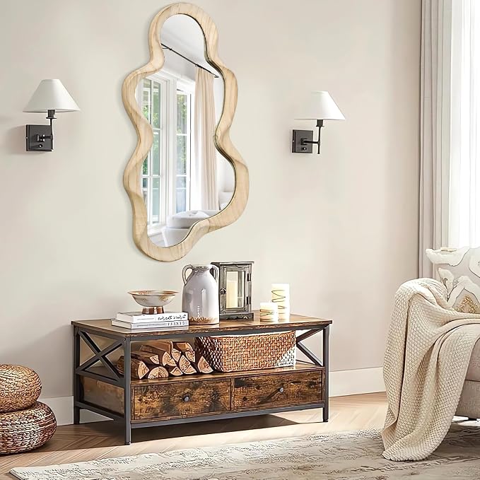 Large Asymmetrical Mirror Irregular Modern Cloud Wall Mirror Wood Frame Unique Shape Artistic Wall Mounted Vanity Mirror Decorative for Living Room Bedroom Bathroom Entryway Hallway
