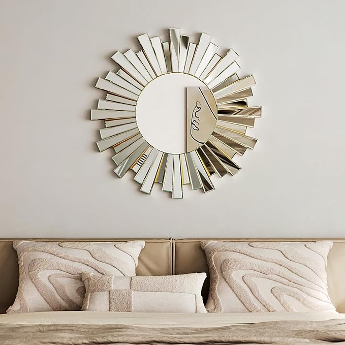Sunburst Round Wall Mirror - 26" Large Starburst Decorative Mirror with 3D Beveled Glass Frame, Modern Frameless Unique Wall Decor for Living Room, Dining Room, Entryway, Fireplace