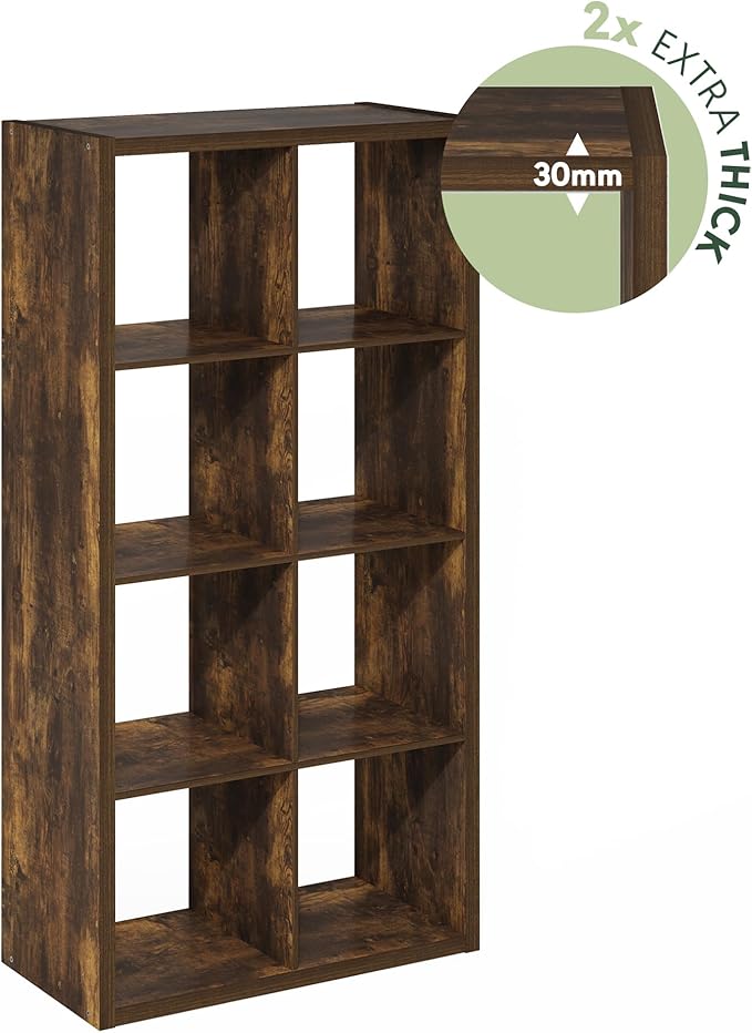 Furinno Cubicle Book Shelf, 8-Cube Bookshelf, Extra Thick Frame Horizontally & Vertically Reversible Bookcase with Open Back, 14.6" x 30" x 58", for Living Room, Bedroom, Home Office, Amber Pine