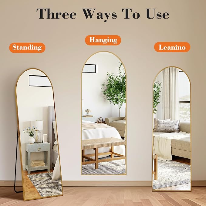 OLIXIS Gold Arched Full Length Mirror 60"x16" for Bedroom, Full Body Mirror with Stand, Hanging or Leaning for Wall, Aluminum Alloy Thin Frame Floor Standing for Living Room