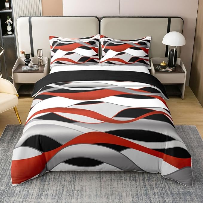 Erosebridal Red Grey Black Lines Bedding Set Queen Modern Wave Stripe 100% Cotton Duvet Cover Striped Lines Comforter Cover for Kids Teens Adults Geometric Spiral Print Bed Set 3 Pcs