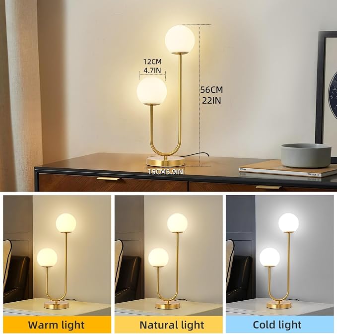 Mid Century Modern Globe Table Lamp Gold U-Shape Glass Table lamp 2-Globe Bedside Lamp with LED G9 Light Source Ideal for Bedroom & Office