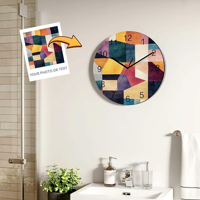Impressionist Style Wall Clock Battery Operated Non-Ticking 12" Round Wood Clocks, Modern Colored Color Block Kitchen Wall Clock for School Bathroom Living Room Home Office Wall Decor