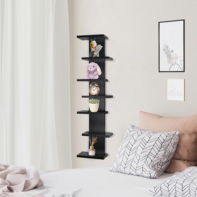 VIWODS 7 Tier Wall Shelf Unit-Black Floating Shelves for Home Decor, Modern Unique Asymmetric Design for Bedroom & Living Room Storage