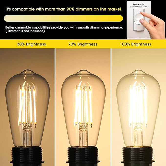 Vintage LED Edison Bulb Dimmable 60W Equivalent 750 Lumens, 6W Light Bulbs Warm White 2700K, Antique ST58 Filament Bulb E26 Base, CRI 90+, Clear Glass, Pack of 24