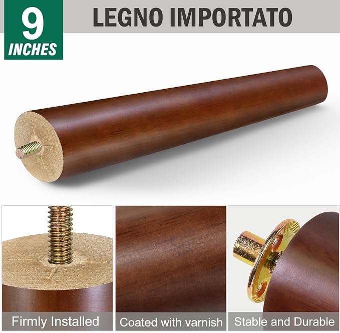 FoDau770 Brown Rubber Wood Furniture Legs 9 Inches, Slant Tapered Wood Feet Mid Century Sofa Legs Set of 4, 5/16" UNC Furniture Feet Replacement Parts for Cabinet Couch Dresser Chair Ottoman Table