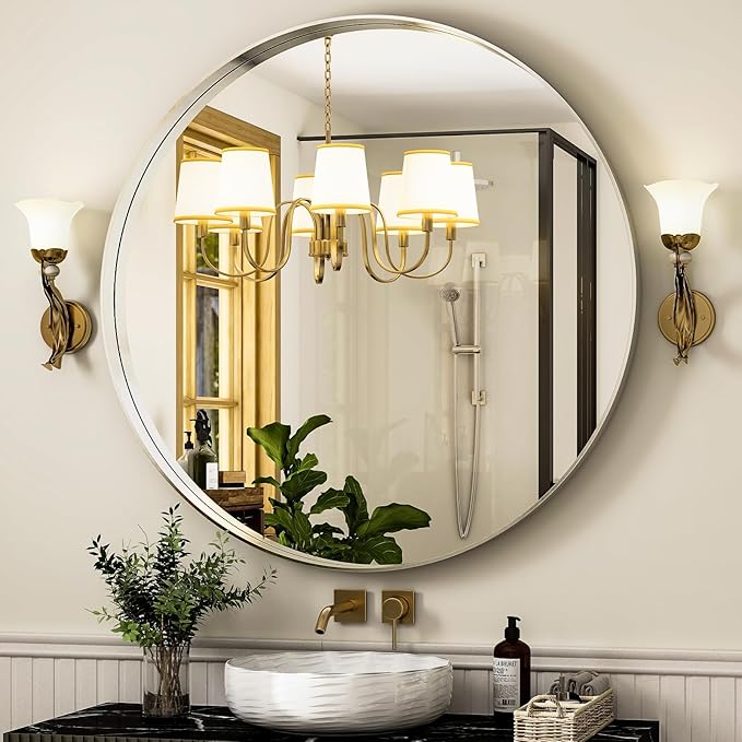 32 Inch Round Bathroom Mirror - Wall Mounted Circle Mirror with Metal Frame, Modern Style Suitable for Bathroom, Vanity, Entryway, Living Room, Wall Decor,Silver