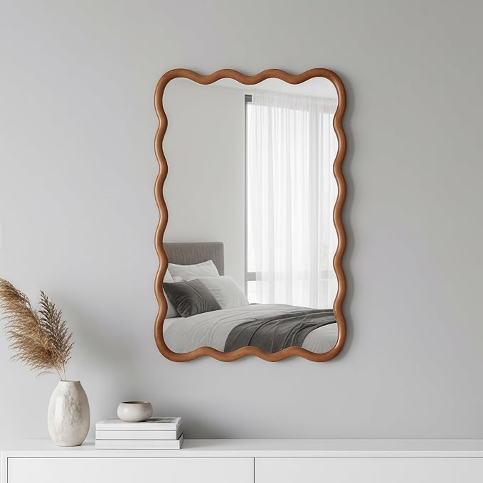 30x20 Inch Wooden Wavy Rectangle Wall Mirror, Modern Solid Wood Frame Decorative Accent Mirror for Bedroom, Bathroom, Living Room, Entryway, Yellowish Brown