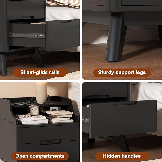 Nightstand with Charging Station, 21" Tall Nightstand w/2 Storage Drawers, Wood Night Stand with Hidden Handle, 17'' Wide Modern Bedside Table for Bedroom,Black