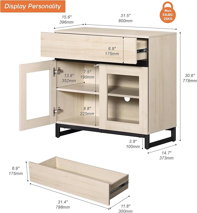 WAMPAT Sideboard Buffet Cabinets with Glass Doors and Drawer, Modern Sideboard Credenza with Adjustable Shelf, Coffee Bar Storage Cabinet for Living Room, Kitchen, Light Oak