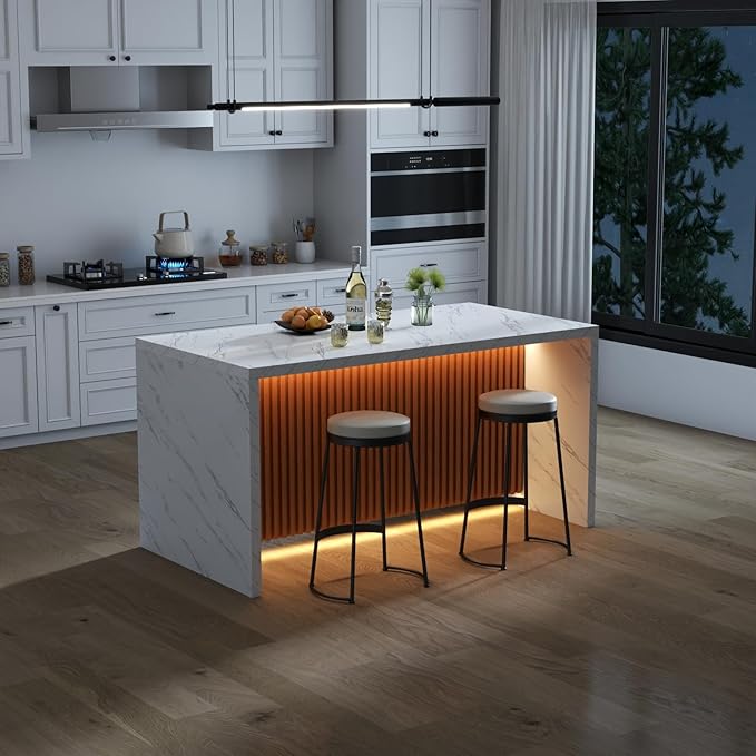 63" Large Imitation Marble Dining Table for 4-6 People,Kitchen Island Table with LED Lights, Mordern Marble Stripes Kitchen Dining Table with Grille design for Dining Room,Living Room (White)