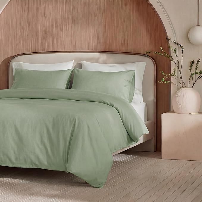 100% Washed Cotton Duvet Cover Queen Size – Sage Green, Linen-Like Texture, Super Soft & Breathable Bedding Set, 3-Piece Durable Percale Comforter Cover