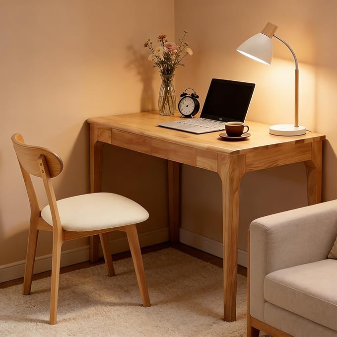 Solid Small Wood Desk with Storage, Wooden Writing Desk with Drawers, Mid Century Modern Desk for Bedroom & Small Spaces/Home Office (Wood)