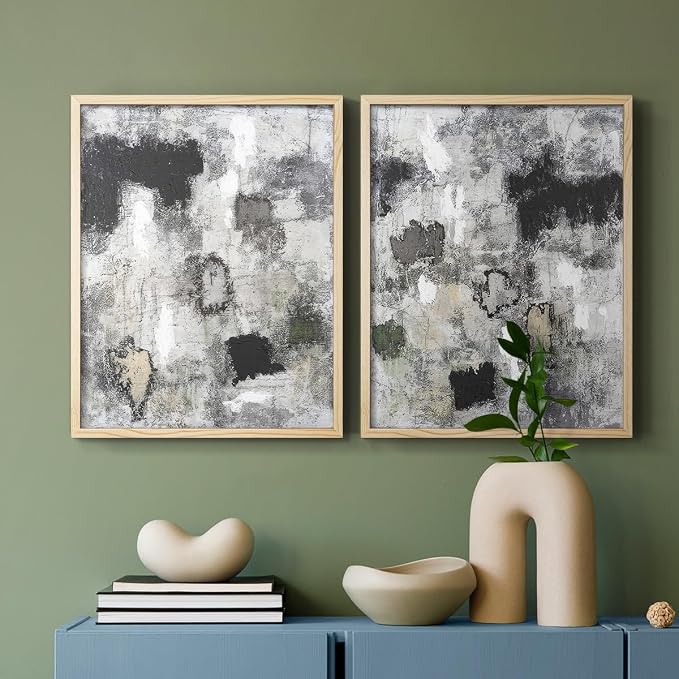 Renditions Gallery Set of 2 Peel & Stick Framed Prints, Abstract Wall Art, Hand Painted Black and White Pattern Wall Decor, Re-Stickable - Ready to Hang - 11"x14" - NATURAL WOOD Frame LT588