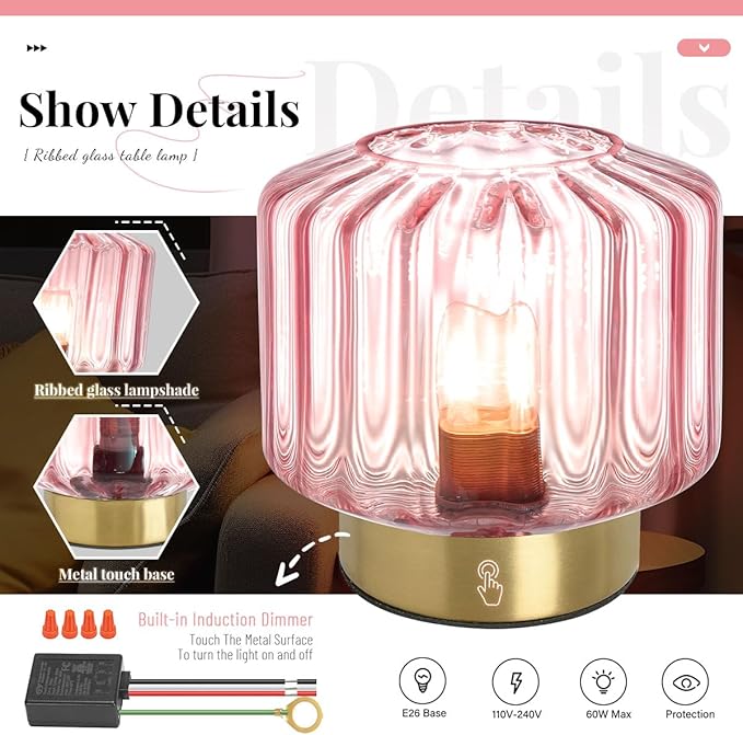 Small Touch Table Lamp for Bedside, Pink Glass Table Lamps with Gold Metal Base, Mid Century Modern Lamps Mini Table Lamp nightstand lamp Globe Desk lamp for Bedroom Living Room Office