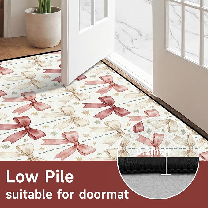 Pink Bowknot Area Rug 3'x5' Watercolor Coquette Aesthetic Non-Slip Washable Carpet for Entryway Bedroom Living Room Nursery Kitchen Playroom Home Decor Soft Low Pile Floor Mat