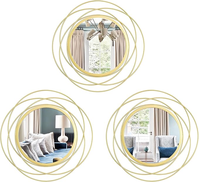 3 Set Round Mirrors for Wall Decor Living Room Bedroom Bathroom Dining Room Metal Circle Mirror Set Boho Decorative Sunburst Wall Art Accent Entryway - Gold 9.5 in