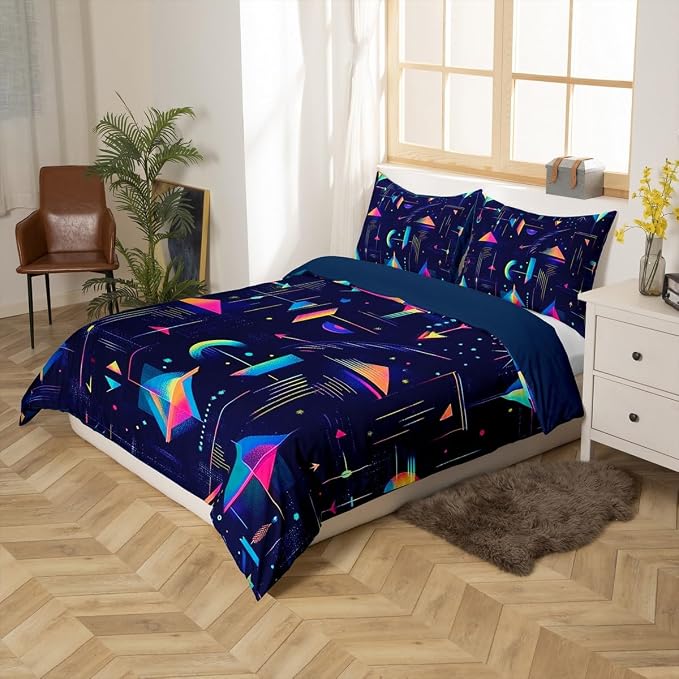 Erosebridal 1980s Comforter Cover Set Twin Size,80s 90s Duvet Cover 80s Geometric Bedding Set Memphis Decor 80 Styles for Women 80s Geometric Shapes Backdrop 90s Themed Party Decorations