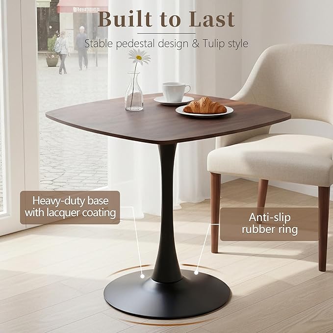 Square Dining Table,31.5" Tulip Table with Metal Pedestal,15-Minute Quick Assembly,Mid Century Modern Leisure Table for Kitchen Small Places Cafe (Faux Walnut)