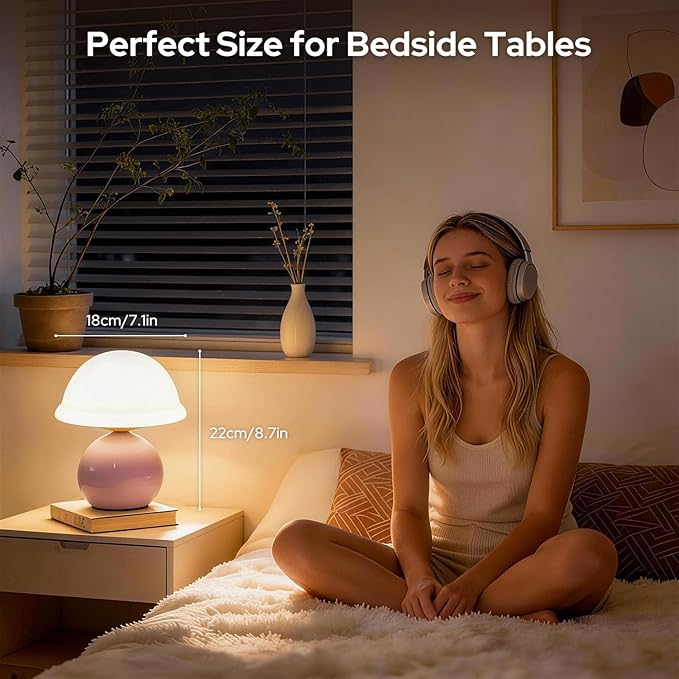 Mushroom Table Lamp for Bedroom, Cozy Bedside Lamp with Glass Shade, Stepless Dimmable Nightstand Lamp for Relaxing Bedroom Decor & Aesthetic Home (Pink)