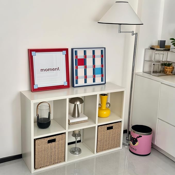 IRONMIX White Cube Storage Organizer with 4 Storage Basket, Metal Short Bookshelf with Storage, 2 Tier Horizontal Bookshelf, Small Cube Bookcase for Home Office Library (White, 700+1037 with Basket)