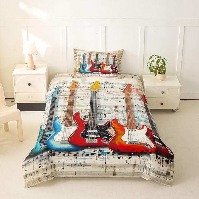 Erosebridal Chic Guitar Comforter Cover Twin Retro Musical Staves Pattern Bedding Set Rock Music Lovers Room Decor Duvet Cover,Rustic Musical Notes Bed Set