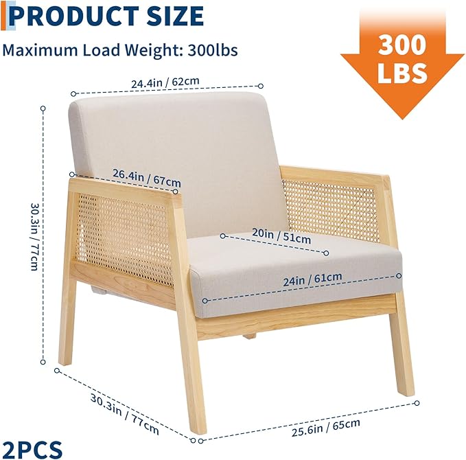 Mid Century Modern Accent Chair, Comfy Living Room Chairs with Sturdy Wood Legs, Rattan Backrest & Beige Thick Linen Cushion, Armchair for Bedroom Balcony Apartment (Beige-A) 2 PCS