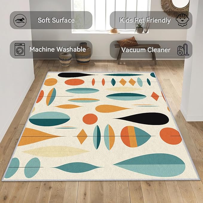 Mid Century Modern Rugs for Living Room 6x6, Retro 50s Geometric Abstract Pattern Design Area Rug, Mid Century Modern Bedroom Decor Carpet, Non Slip, Washable (RG458)